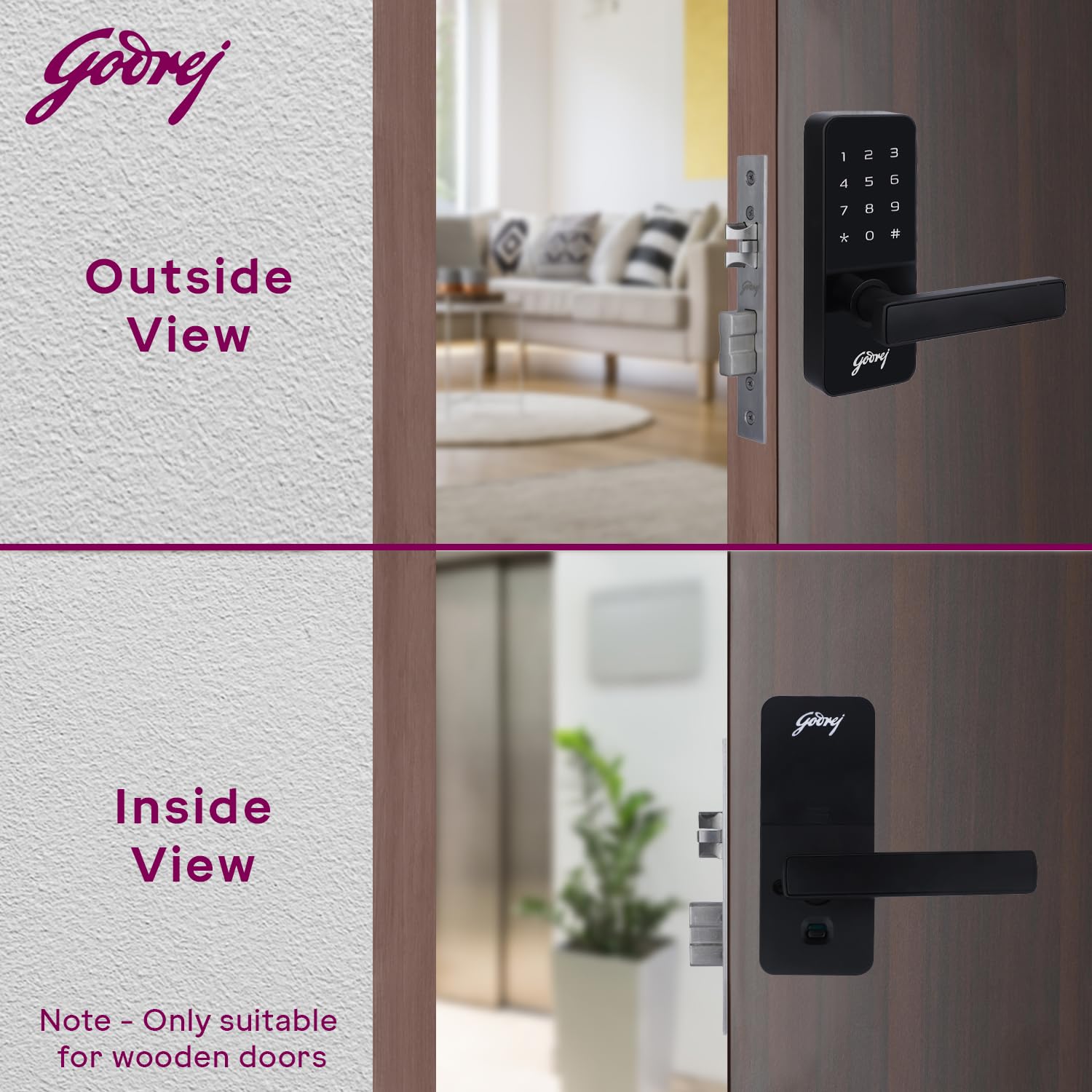 Godrej Smart Lock I Catus Touch I Digital Lock for Main and Internal Wooden Door I 2 in 1 Access I Pin Access I Mechanical Key I Black Finish I 3 Years Warranty |