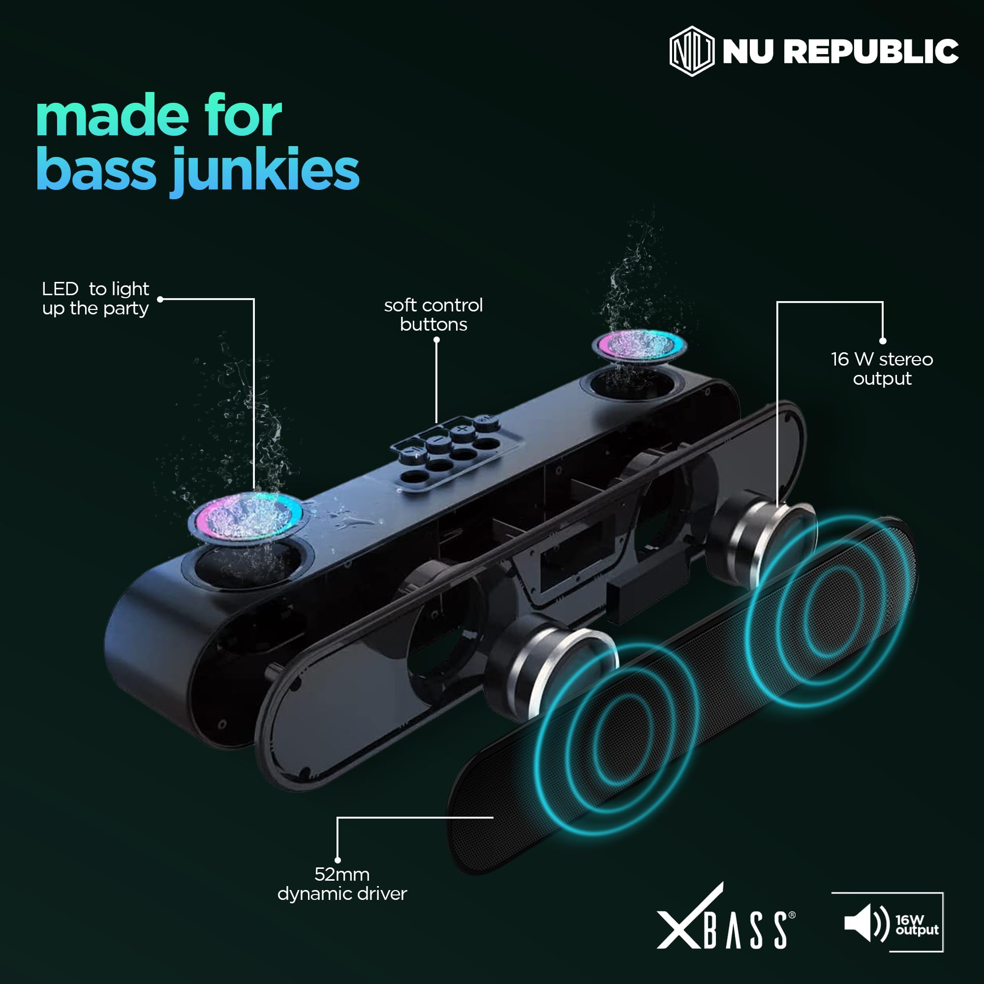 Nu Republic Party Box 16 Bluetooth Soundbar with X-Bass Technology, Upto 10 Hrs Playtime, Multiple RGB LED Lights, 16 W Output - Unboxed