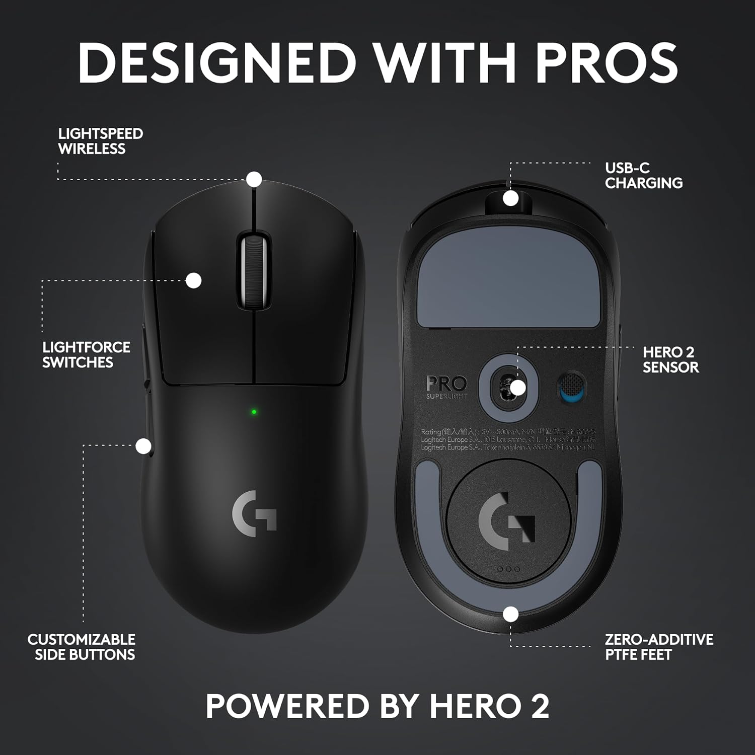 Logitech G PRO X Superlight 2 Lightspeed Wireless Gaming Mouse, Lightweight, LIGHTFORCE Hybrid Switches, Hero 2 Sensor, 32,000 DPI, 5 Programmable Buttons, USB-C Charging, PC & Mac - Unboxed