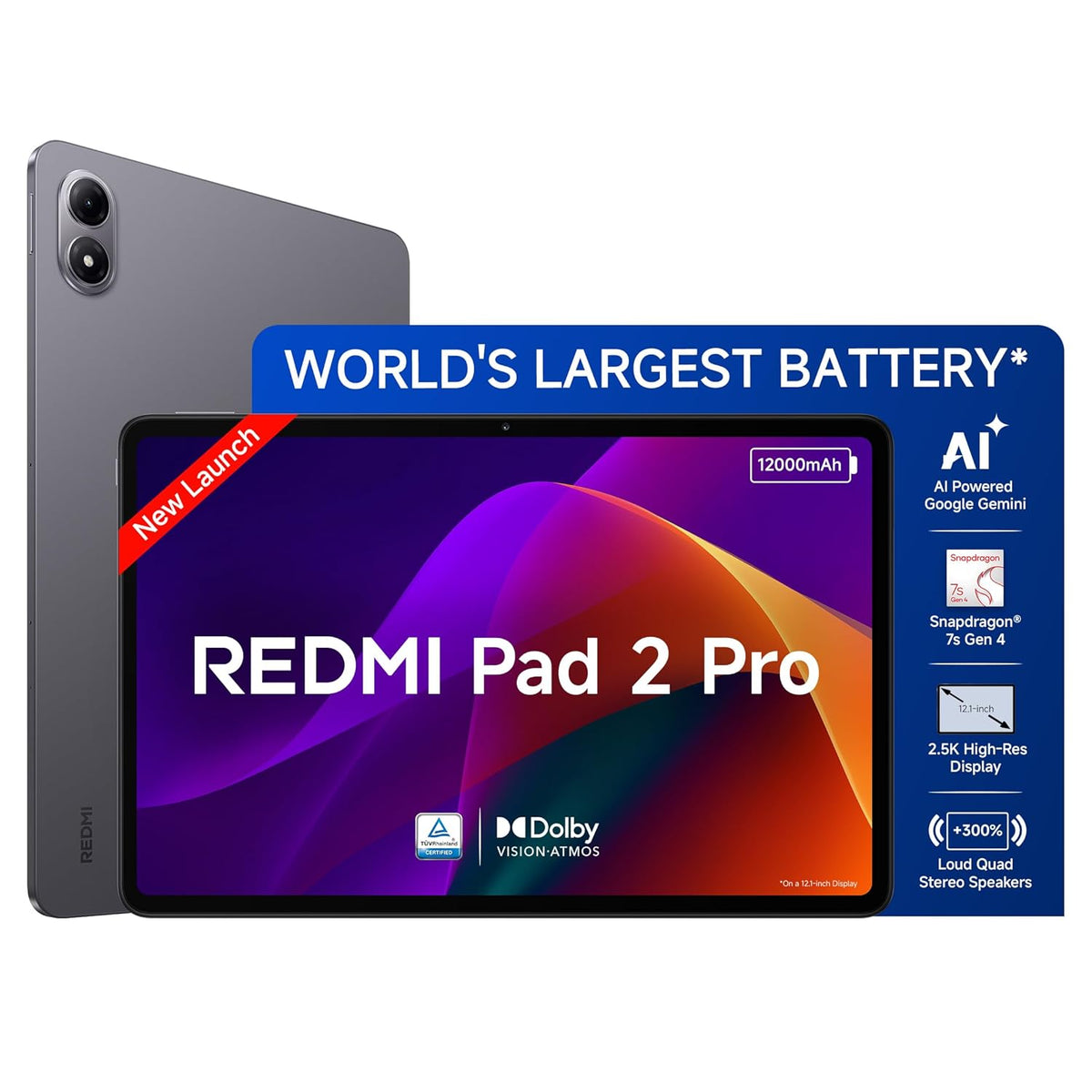 Redmi Pad 2 Pro, 12.1-inch (30.73 CM), LCD Display - 2.5K Sharp & Clear, 8GB RAM, 128GB ROM, Wi-Fi, Quad Speakers, Dolby Atmos, Graphite Grey, AI Enabled