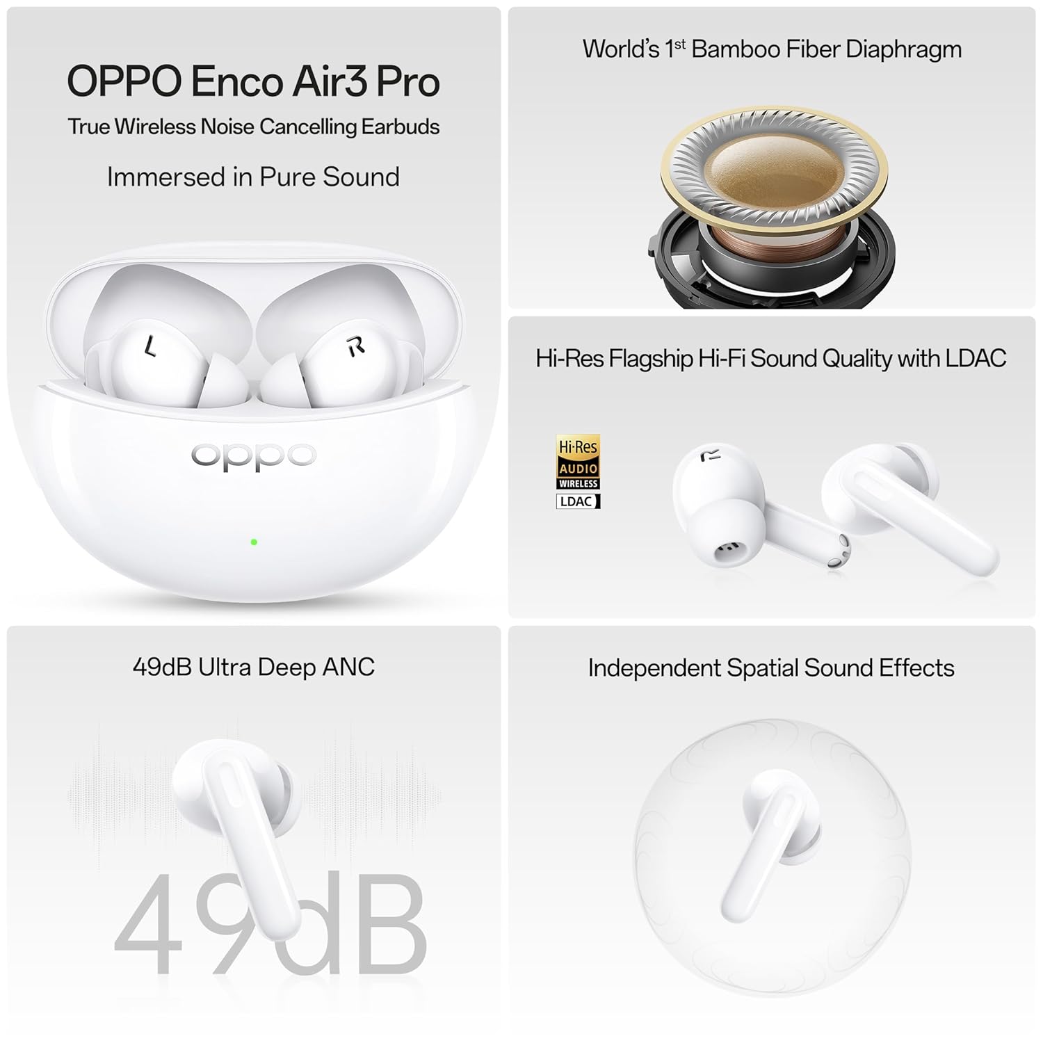 OPPO Enco Air3 Pro True Wireless in Ear Earbuds with Industry First Composite Bamboo Fiber, 49dB ANC, 30H Playtime, 47ms Ultra Low Latency,Fast Charge,BT 5.3 (White)