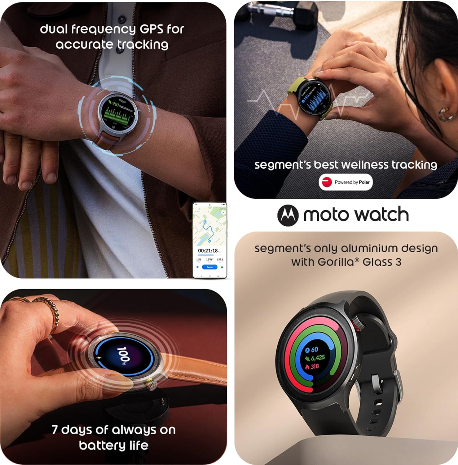 Motorola Moto Watch, 1.4 OLED, AOD, Auto-Brightness, Dual Band GPS, Powered by Polar Smartwatch (Pantone Volcanic Ash Band Strap, Free Size)