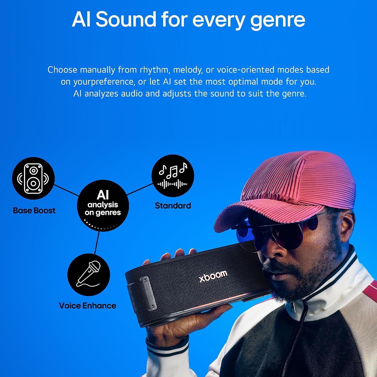 LG XBOOM Bounce Wireless Portable Bluetooth Speaker, Upward Dual Passive Radiators, AI Sound, AI Lighting, 30Hrs Playtime, Bass Boost, IP67 Water & Dustproof, Built in Power Bank, Carrying Strap