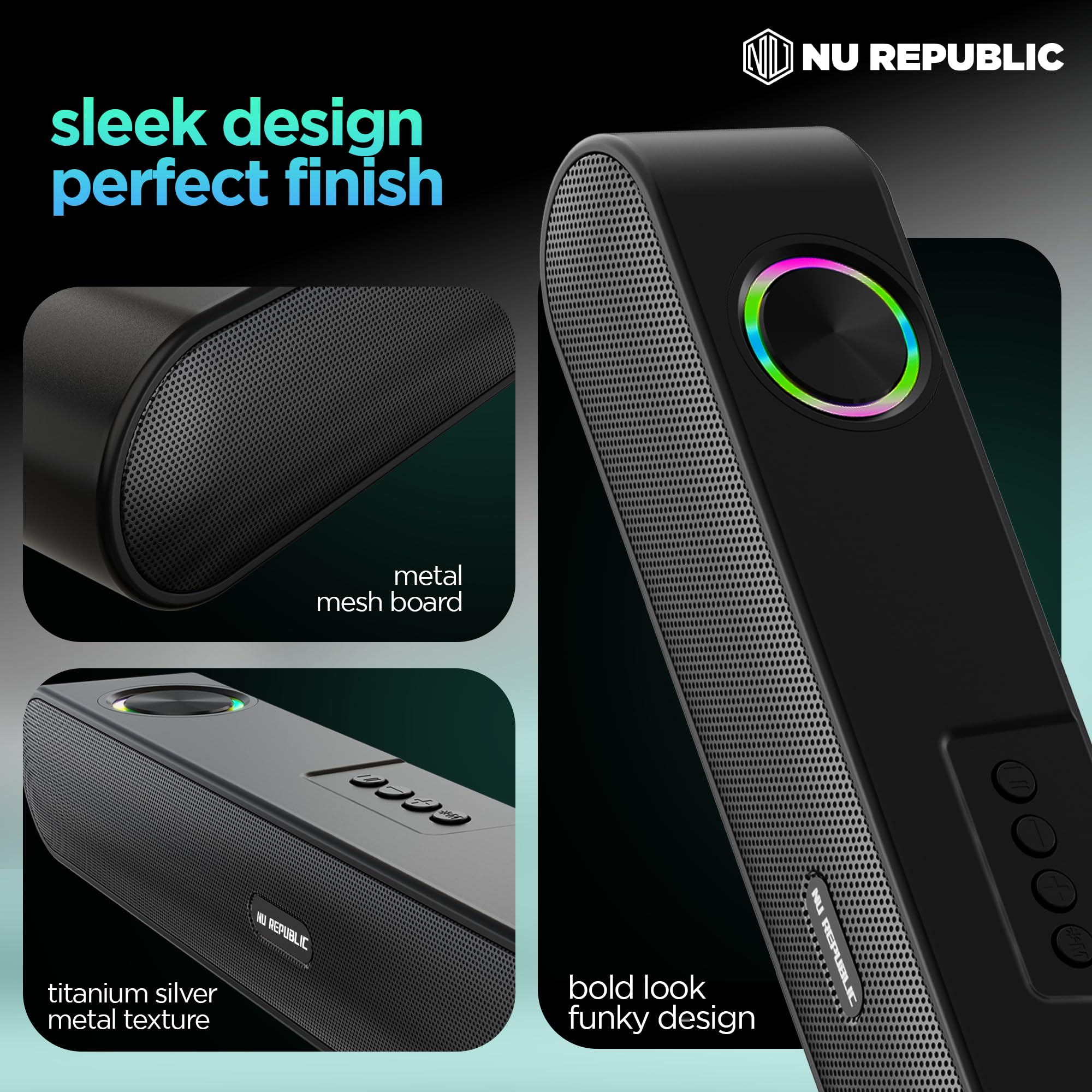 Nu Republic Party Box 16 Bluetooth Soundbar with X-Bass Technology, Upto 10 Hrs Playtime, Multiple RGB LED Lights, 16 W Output - Unboxed