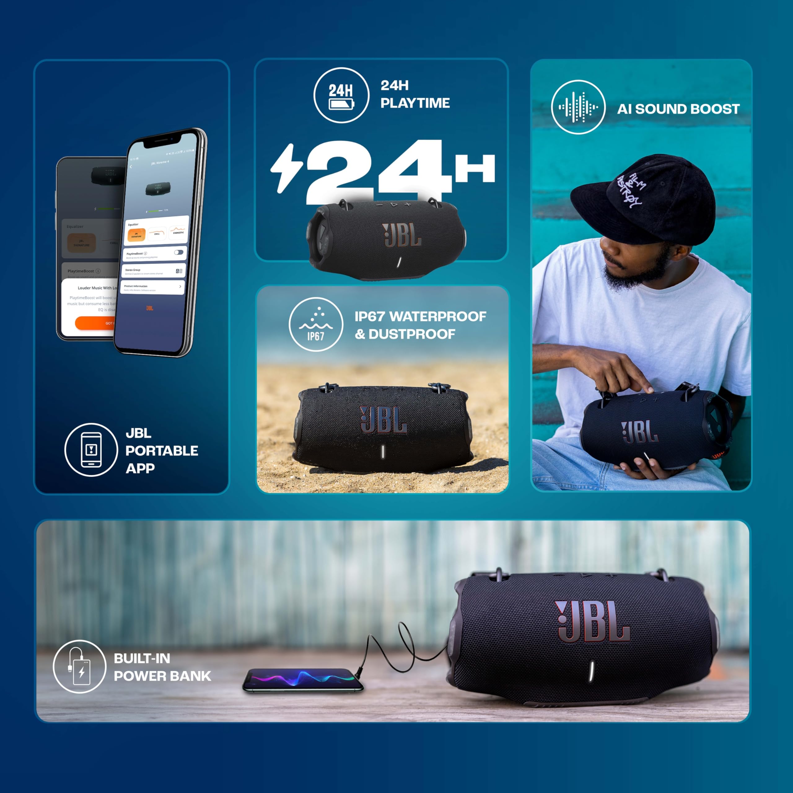 JBL Xtreme 4 Portable Bluetooth Speaker, ProSound with Powerful Bass Radiators, AI Sound Boost, Built-in Powerbank, Multispeaker Connection by Auracast, IP67, Replacable Battery, Fast Charging - Unboxed