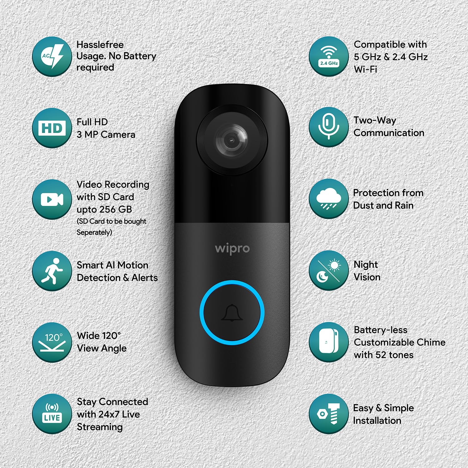wipro Smart Wi-Fi Video Doorbell Pro | 3 MP 1296p Full HD Camera with Night Vision | Instant Visitor Video Call on Mobile | Intruder Alarm | AI Motion Detection | Indoor Chime with 52 Tunes
