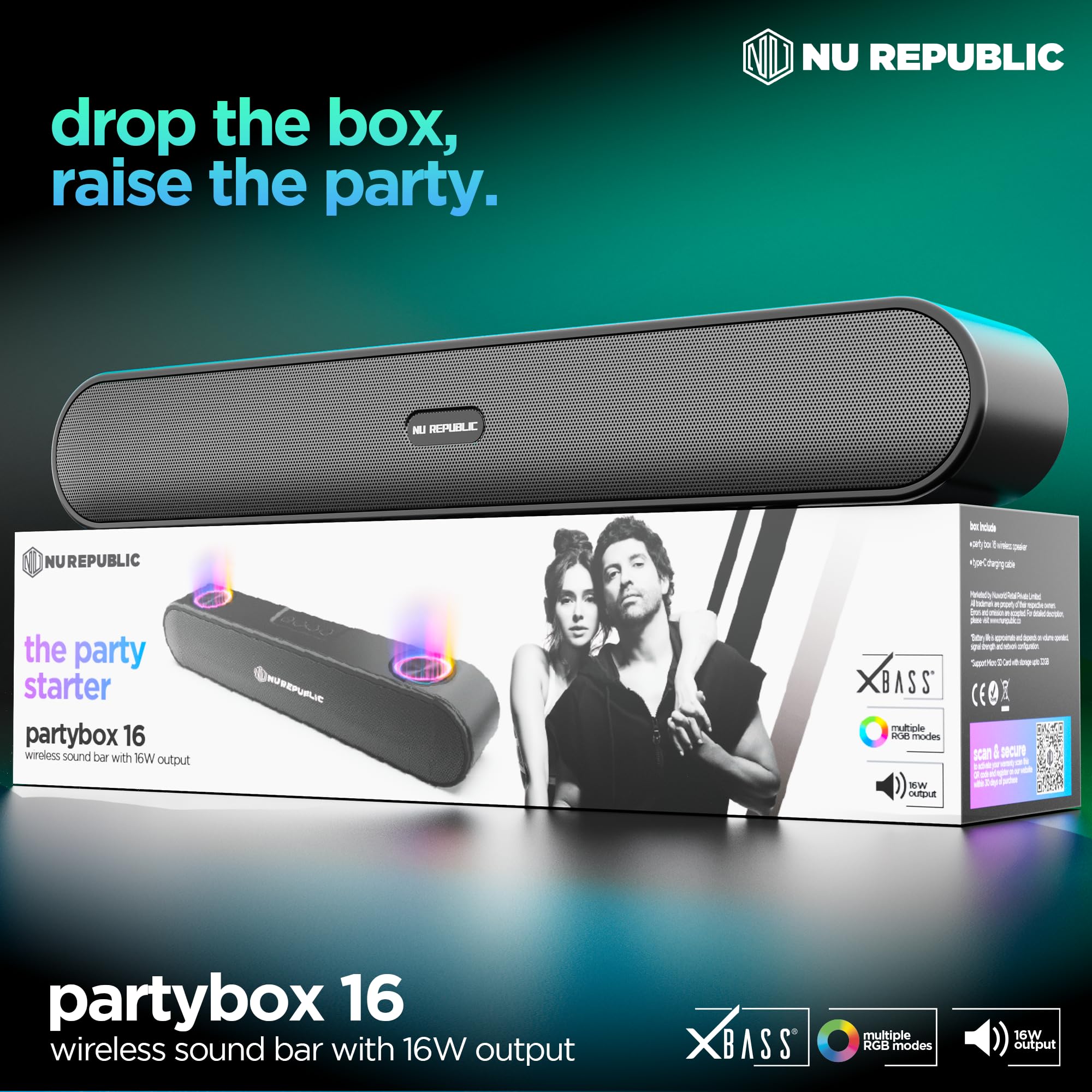 Nu Republic Party Box 16 Bluetooth Soundbar with X-Bass Technology, Upto 10 Hrs Playtime, Multiple RGB LED Lights, 16 W Output - Unboxed