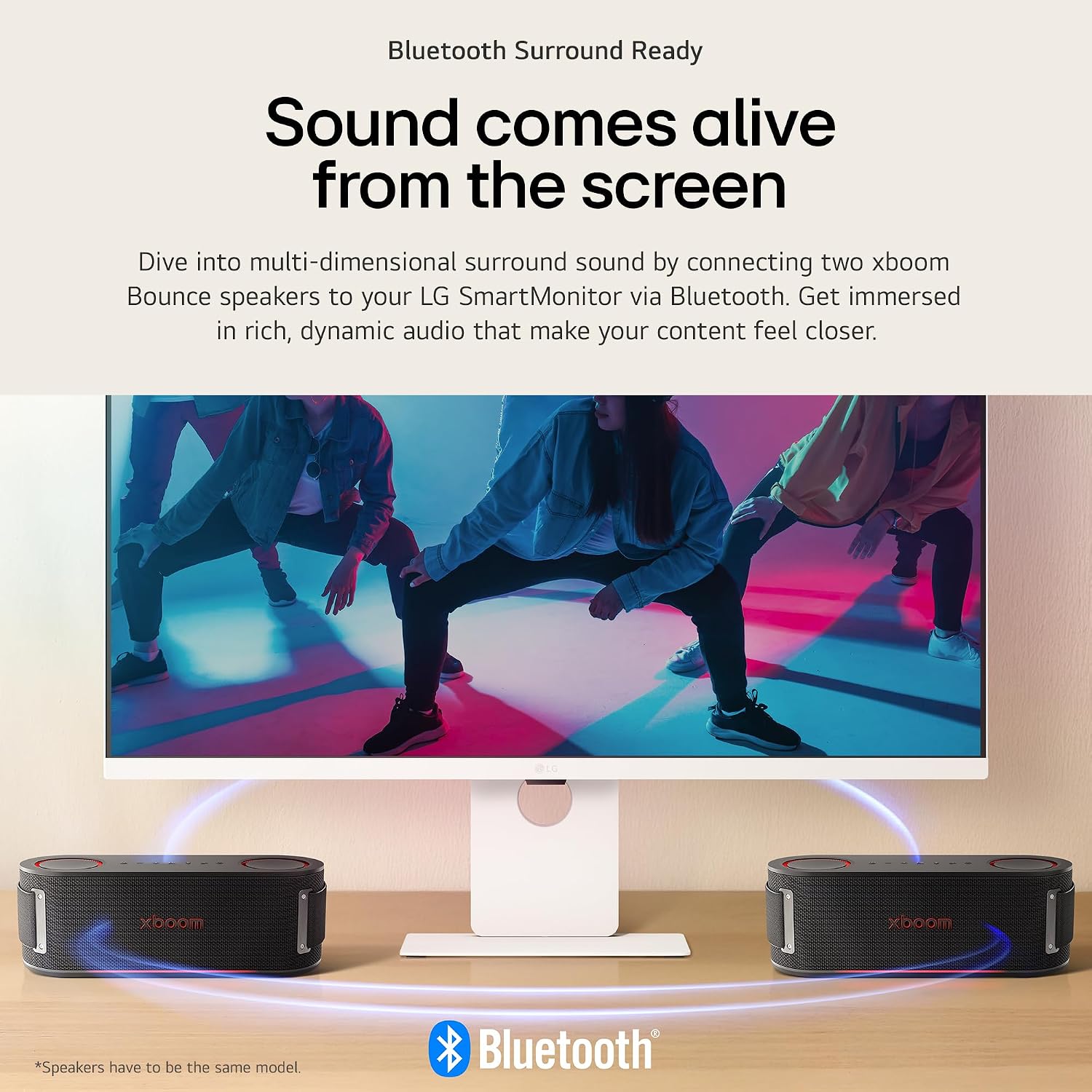 LG XBOOM Bounce Wireless Portable Bluetooth Speaker, Upward Dual Passive Radiators, AI Sound, AI Lighting, 30Hrs Playtime, Bass Boost, IP67 Water & Dustproof, Built in Power Bank, Carrying Strap