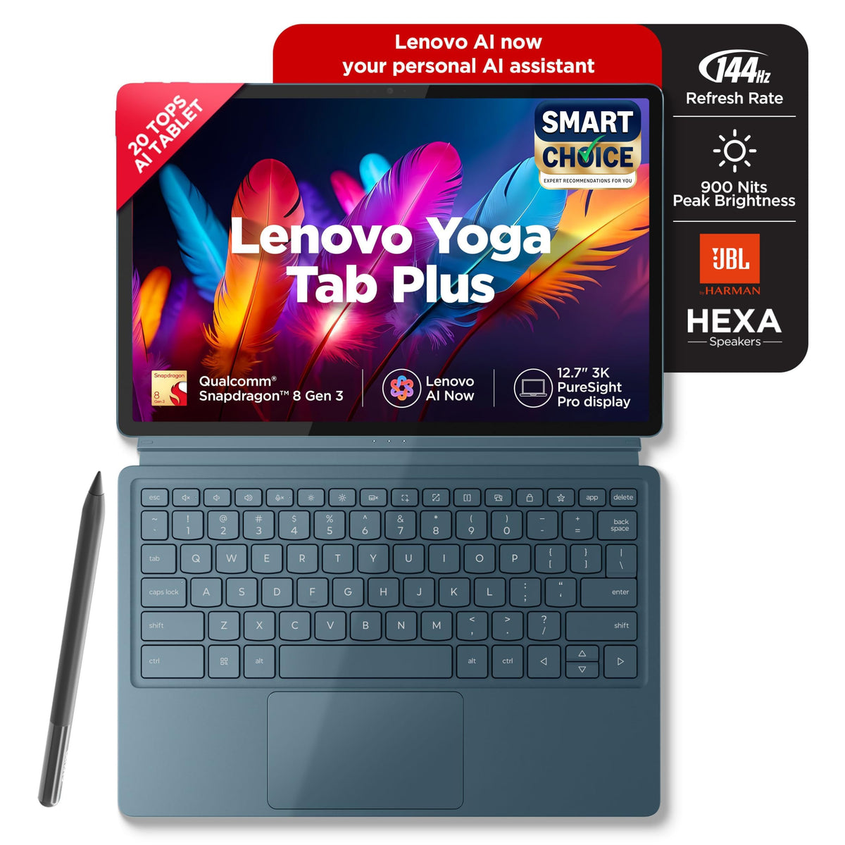 Lenovo Yoga Tab Plus Smartchoice AI Tablet with Pen + Keyboard |12.7" Display, 3K Resolution, 144 Hz|16GB RAM, 512GB ROM|Snapdragon 8 Gen 3|10200 mAh|6 Speakers|USB 3.0 with DP-Out - Unboxed