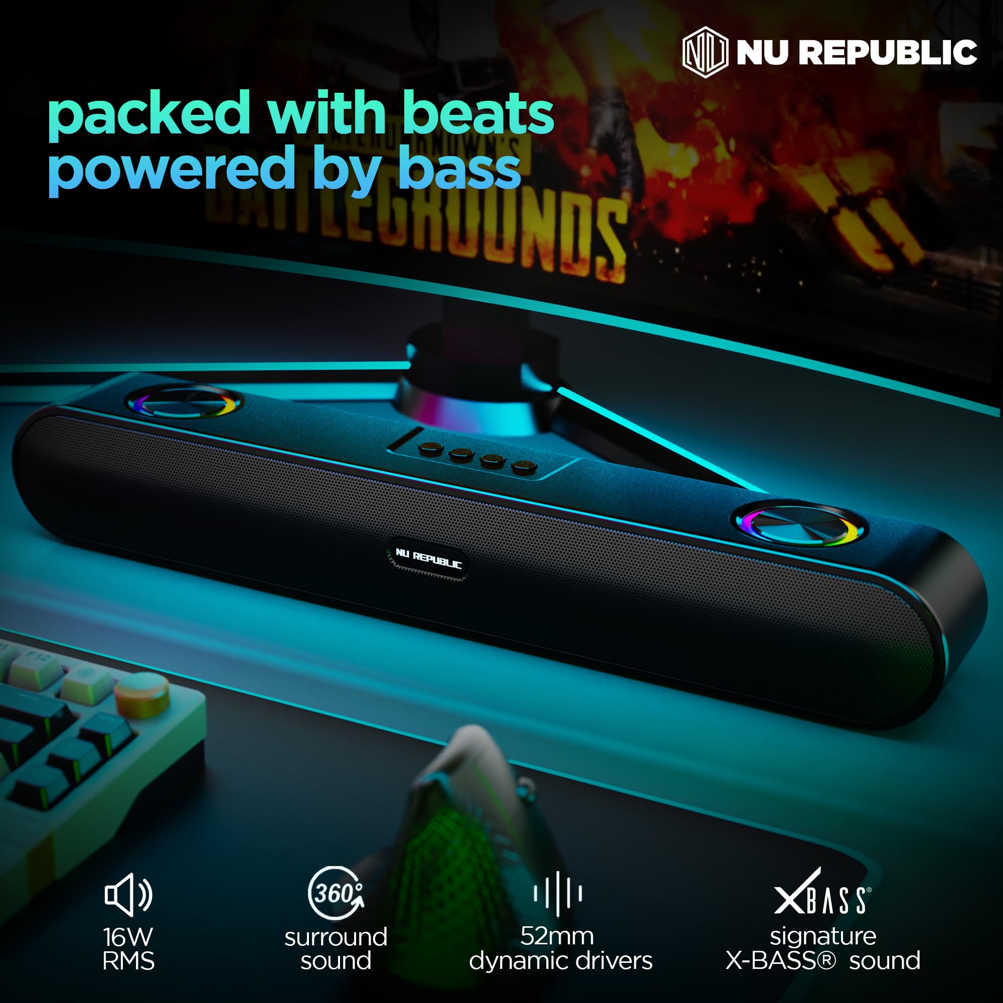 Nu Republic Party Box 16 Bluetooth Soundbar with X-Bass Technology, Upto 10 Hrs Playtime, Multiple RGB LED Lights, 16 W Output - Unboxed