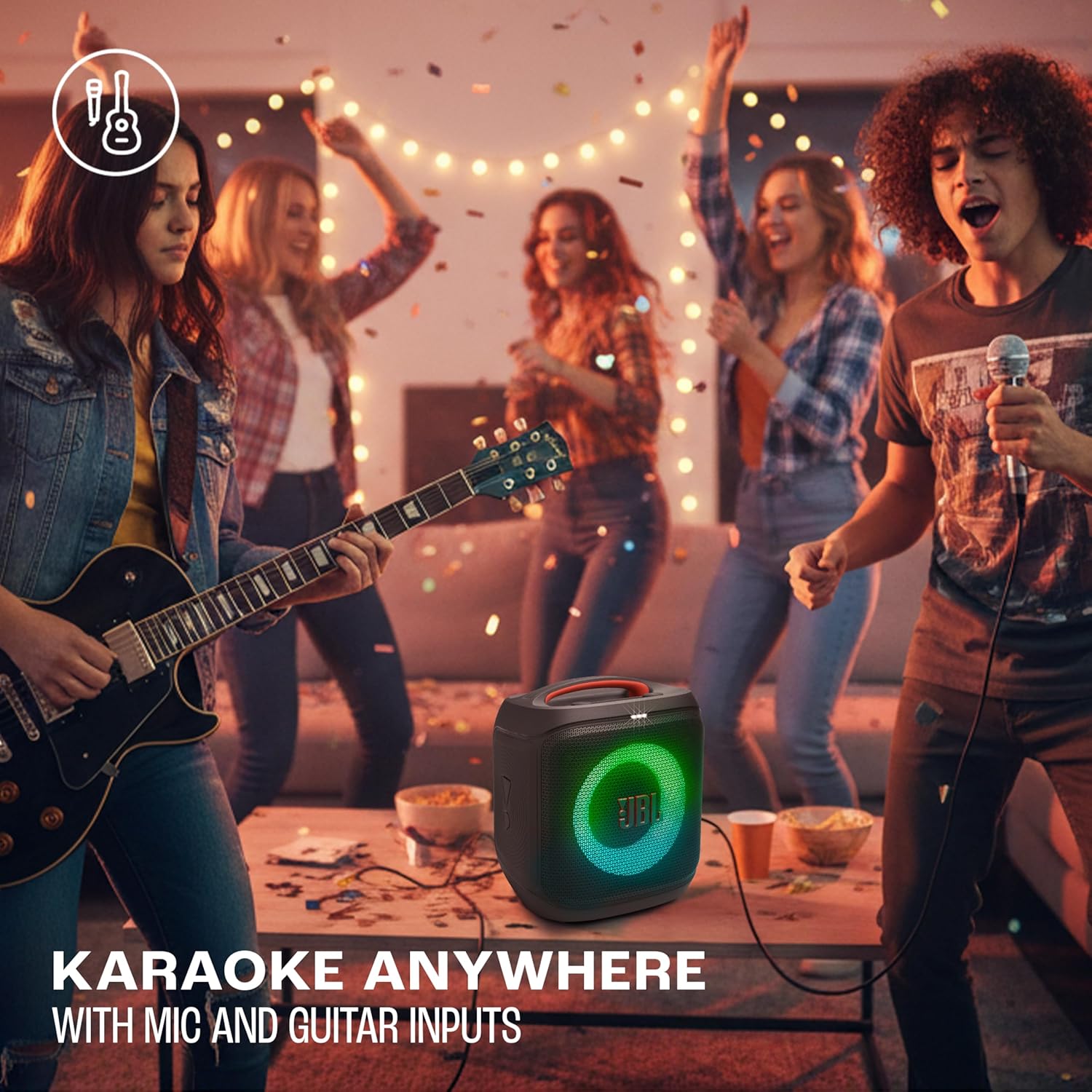JBL Partybox Encore Essential 2 Wireless Bluetooth Party Speaker, AI Sound Boost, Dynamic Light Show, Upto 15Hrs Playtime, Multi-Speaker Connection by Auracast, Guitar & Mic Inputs, PartyBox App-Black