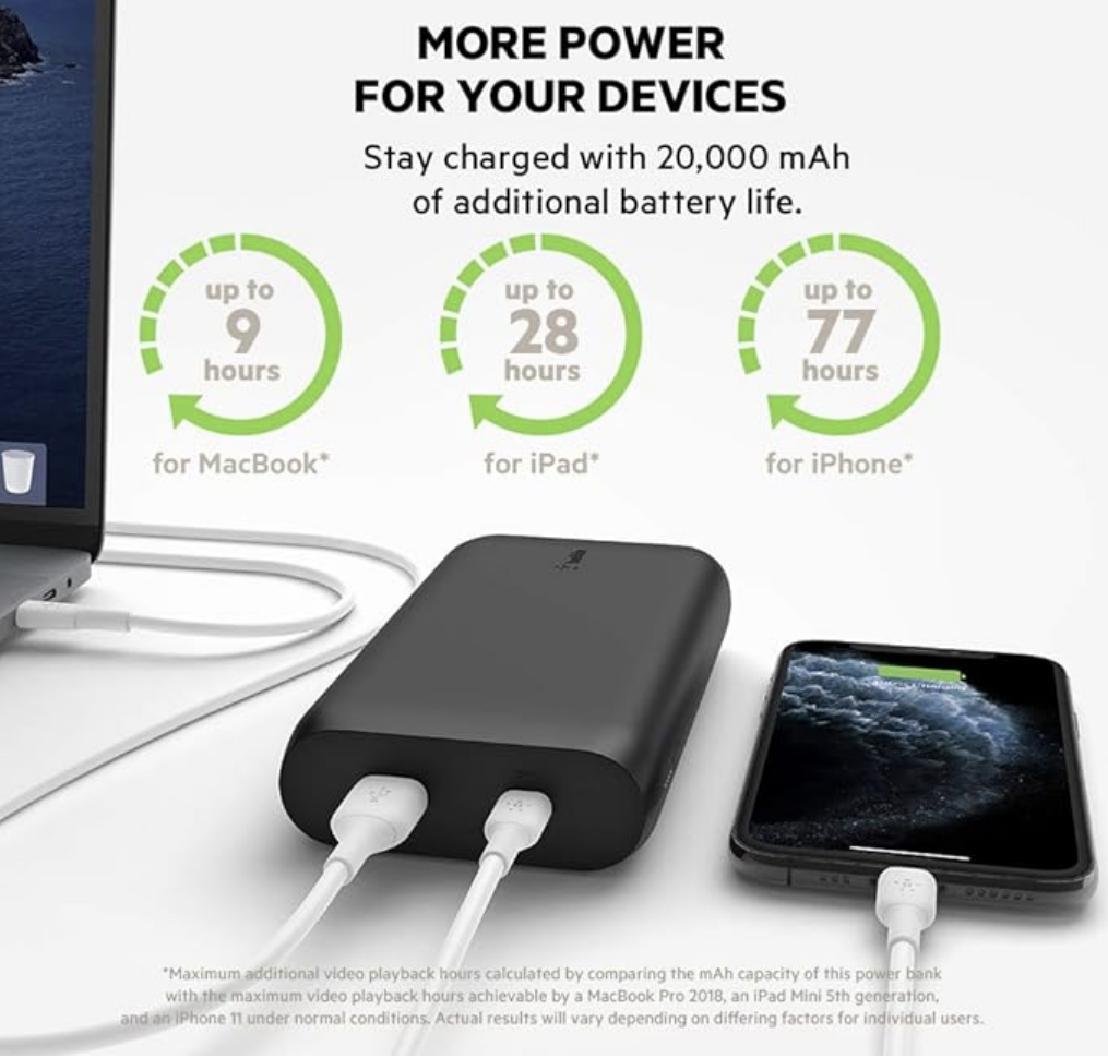 (Open Box) Belkin 20000 mAh 30W PD Power Bank for MacBook, Mobiles and Tablets with USB-C Port, USB-C Cable Included - Black (Grade - A+)