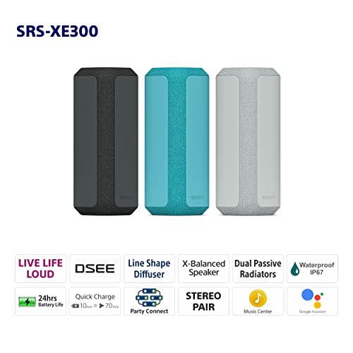 Sony SRS-XE300 X-Series Wireless Portable-Bluetooth-Speaker, IP67 Waterproof, Dustproof and Shockproof with 24 Hour Battery Life - Grey