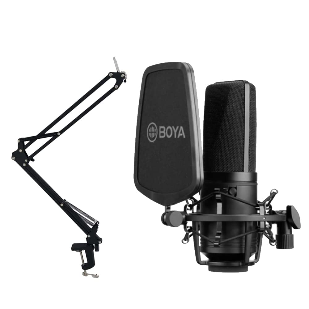 (Open Box) Boya BY-M1000 Condenser Microphone Podcast Mic Kit Support Omnidirectional/Bidirectional with Double-layer Pop Filter Shock Mount XLR Cable for Singer Vocals Podcaster Home Studio Voice Over Recording Grade - A+