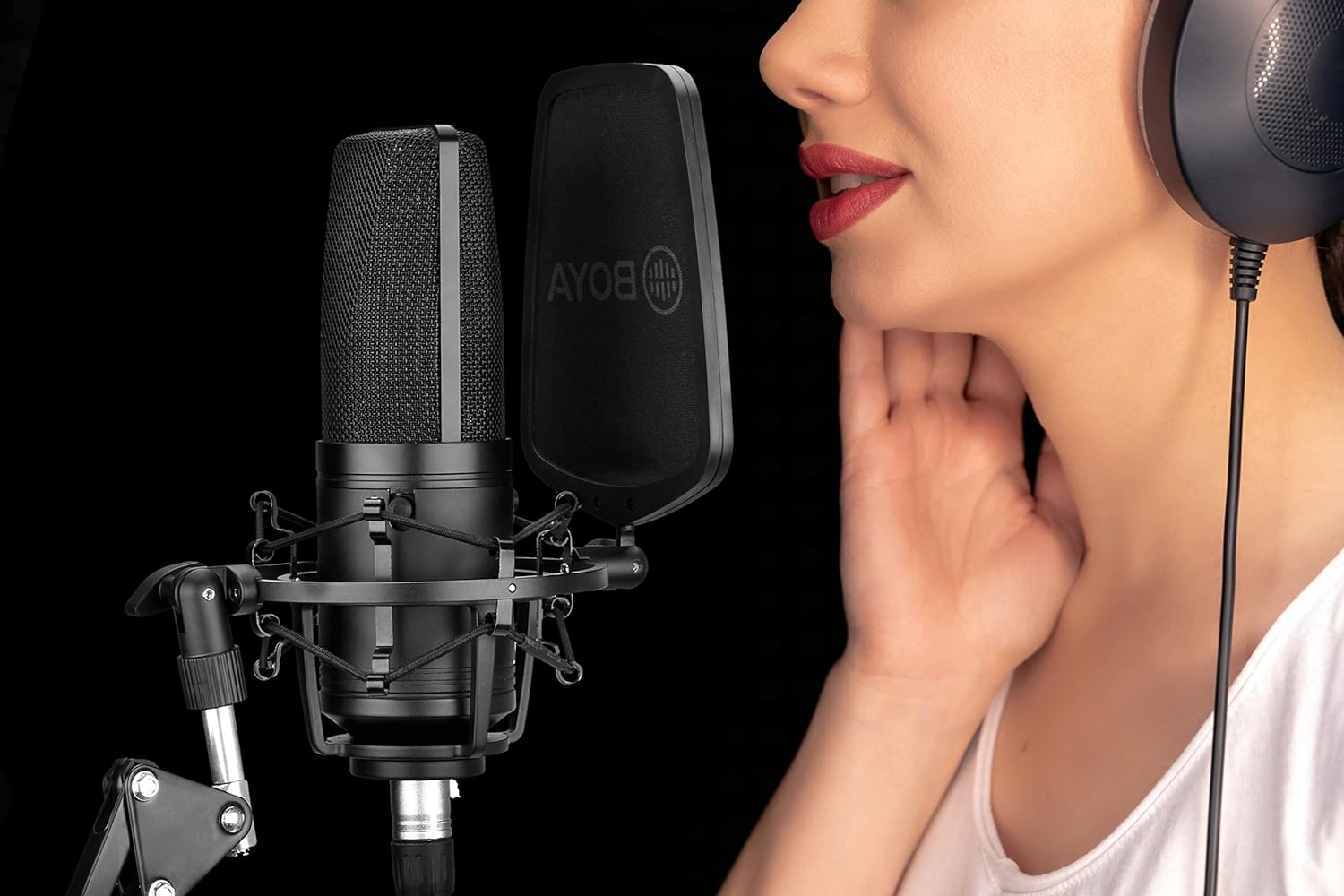 (Open Box) Boya BY-M1000 Condenser Microphone Podcast Mic Kit Support Omnidirectional/Bidirectional with Double-layer Pop Filter Shock Mount XLR Cable for Singer Vocals Podcaster Home Studio Voice Over Recording Grade - A+